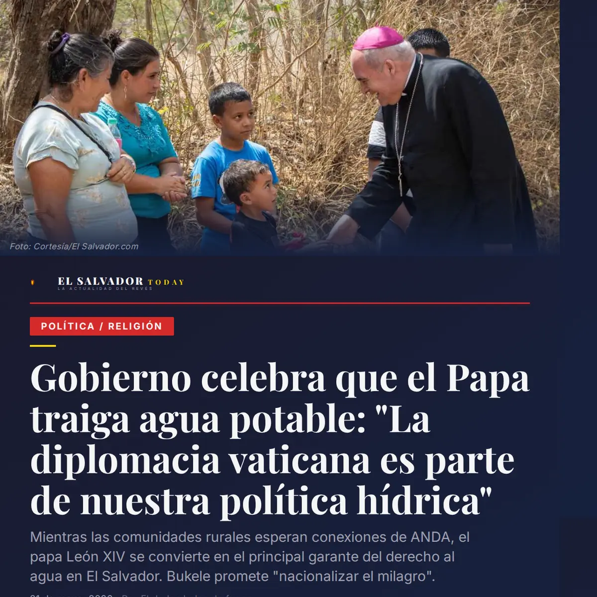 Gobierno celebra que el Papa traiga agua potable: 