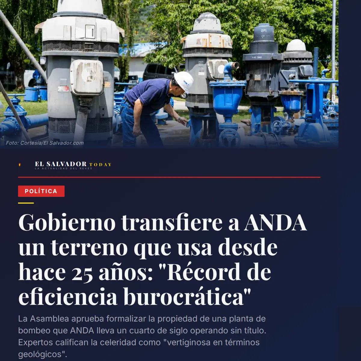 Gobierno transfiere a ANDA un terreno que usa desd