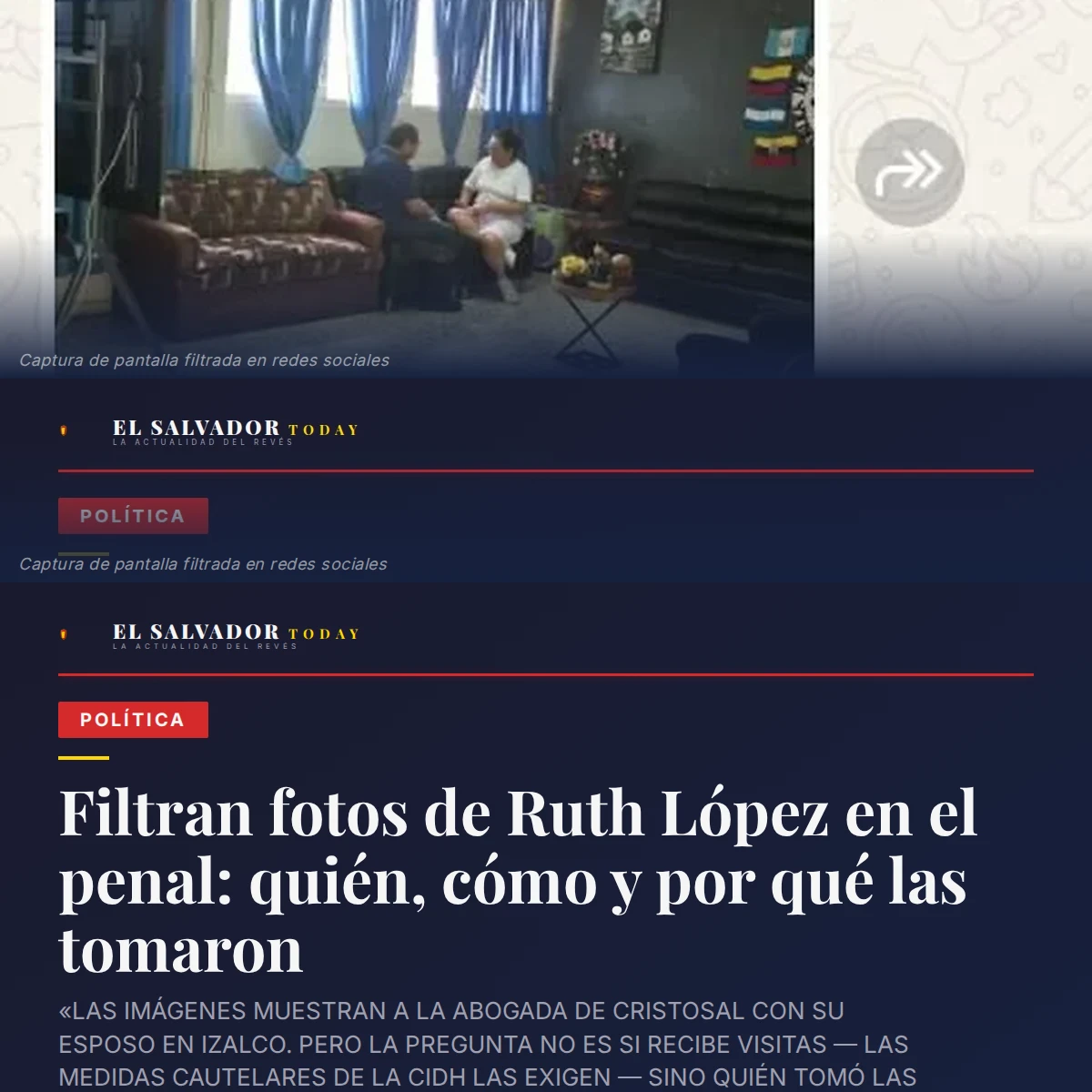 Silueta de prisión con conversación de WhatsApp sobrepuesta mostrando mensajes: 'Allí pasa', 'Ella es?? Si va la Ruth', 'No las pases las fotos si ella es'